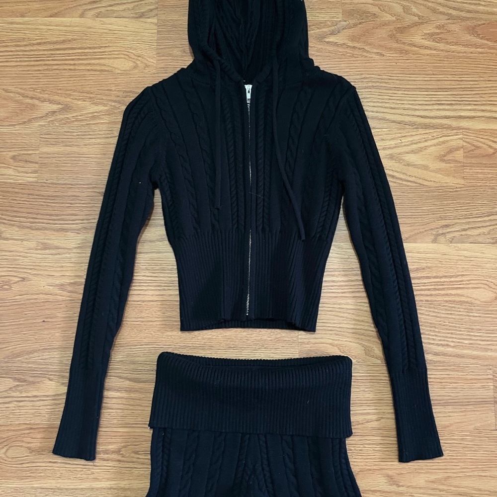 Black Cable Knit Hoodie and fold over shorts Set